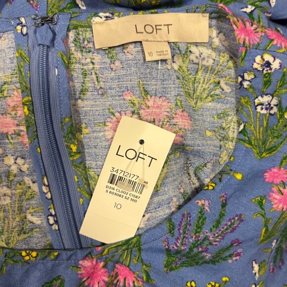 Loft Womens Blue Floral Dress With Puff Sleeves Size 10 - Picture 8 of 9